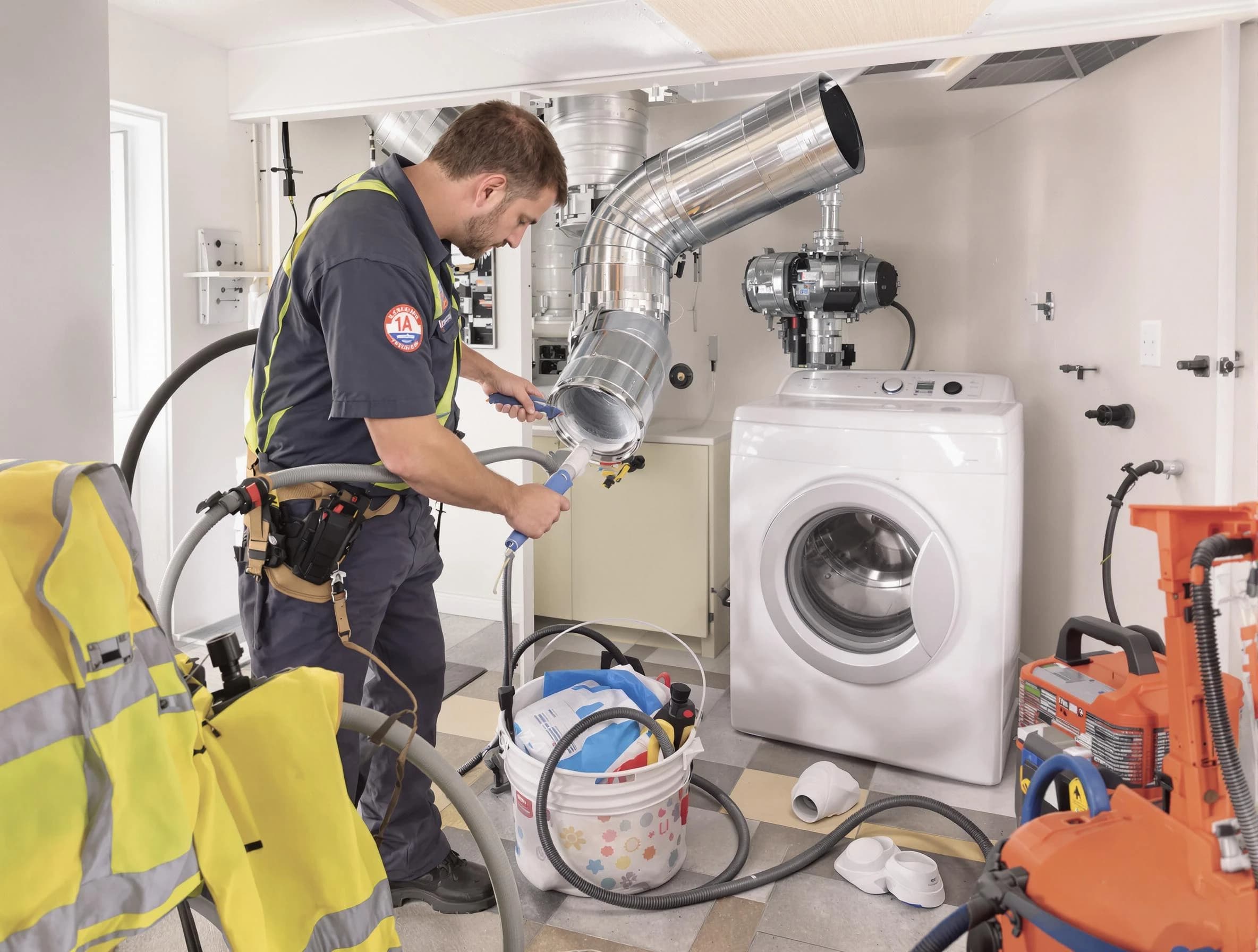 Costa Mesa Dryer Vent Cleaning technician using specialized equipment to clear severe dryer vent blockage in Costa Mesa